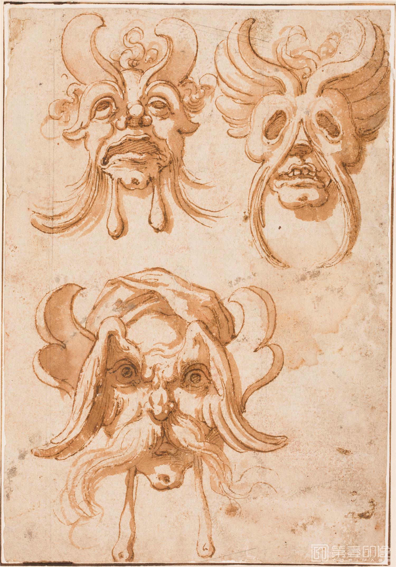 素描-西班牙普拉多美术馆素描藏画-Anonimo-Tres mascaras decorativas-0564